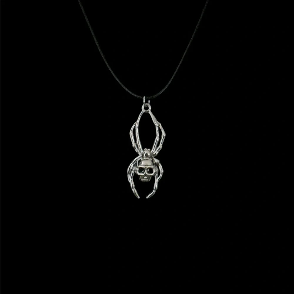 Spider Skull Pendant Necklace Gothic Aesthetic Black Cord Jewelry Unisex